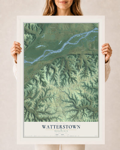 Map of Watterstown, Wisconsin, 24 x 36 inch print in a white wood frame