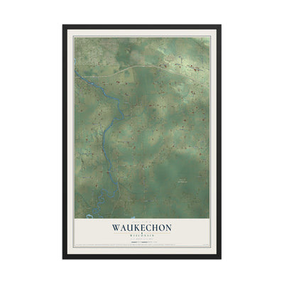 Map of Waukechon, Wisconsin, 12 x 18 inch print in a black wood frame
