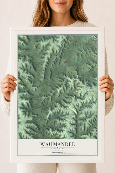 Map of Waumandee, Wisconsin, 18 x 24 inch print in a white wood frame