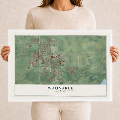 Map of Waunakee, Wisconsin, 12 x 18 inch print in a white wood frame