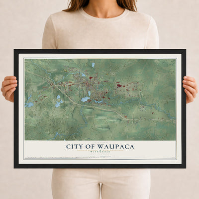 Map of Waupaca, Wisconsin, 12 x 18 inch print in a black wood frame