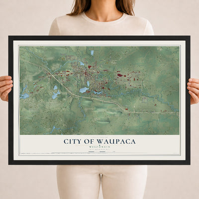 Map of Waupaca, Wisconsin, 18 x 24 inch print in a black wood frame