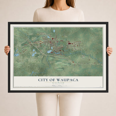 Map of Waupaca, Wisconsin, 24 x 36 inch print in a black wood frame