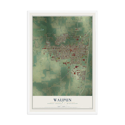 Map of Waupun, Dodge County, Wisconsin, 12 x 18 inch print in a white wood frame