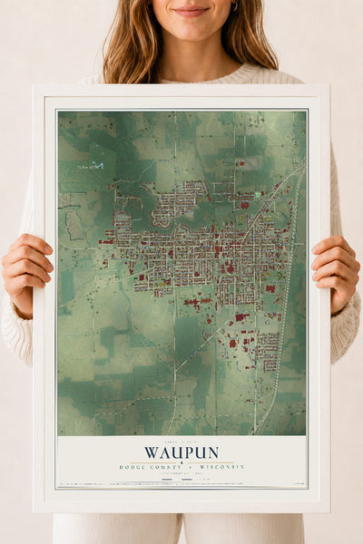 Map of Waupun, Dodge County, Wisconsin, 18 x 24 inch print in a white wood frame