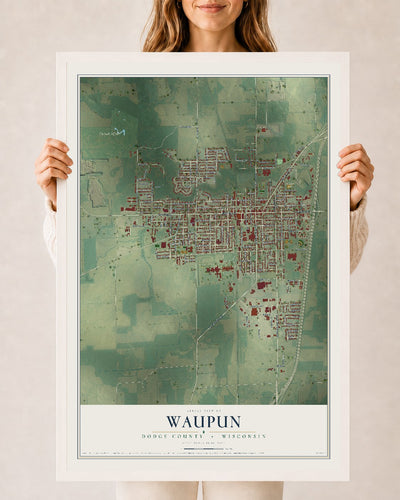 Map of Waupun, Dodge County, Wisconsin, 24 x 36 inch print in a white wood frame