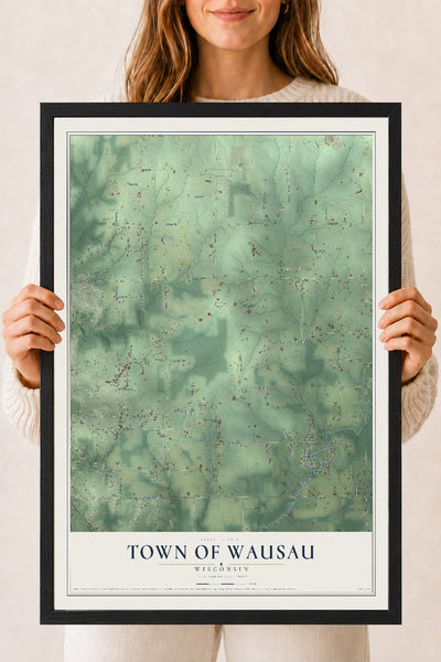 Map of the Town of Wausau, Wisconsin, 18 x 24 inch print in a black wood frame