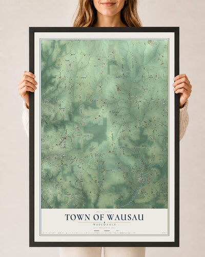 Map of the Town of Wausau, Wisconsin, 24 x 36 inch print in a black wood frame
