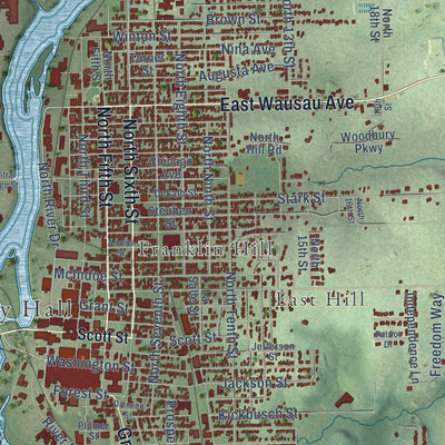 Close-up of the map of Wausau, Wisconsin print showing street and building detail