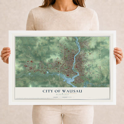 Map of Wausau, Wisconsin, 12 x 18 inch print in a white wood frame