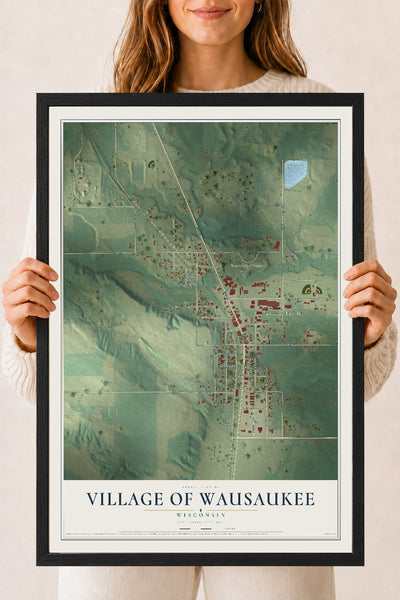Map of Wausaukee, Wisconsin, 18 x 24 inch print in a black wood frame