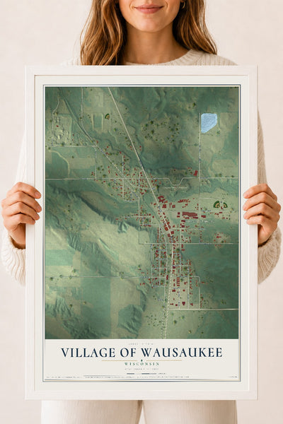 Map of Wausaukee, Wisconsin, 18 x 24 inch print in a white wood frame