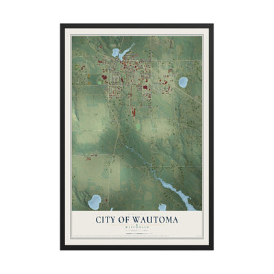 Map of Wautoma, Wisconsin, 12 x 18 inch print in a black wood frame