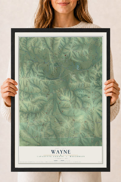 Map of Wayne, Lafayette County, Wisconsin, 18 x 24 inch print in a black wood frame