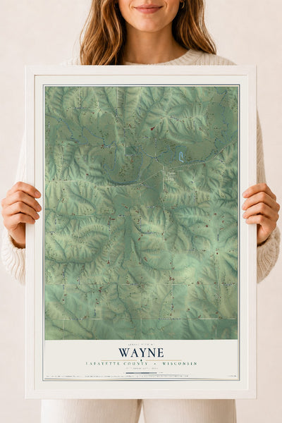Map of Wayne, Lafayette County, Wisconsin, 18 x 24 inch print in a white wood frame