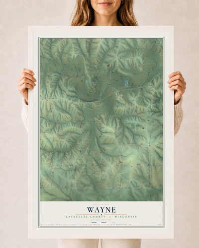 Map of Wayne, Lafayette County, Wisconsin, 24 x 36 inch print in a white wood frame
