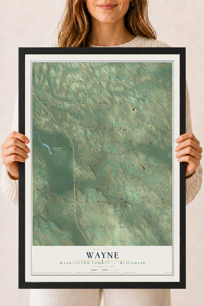 Map of Wayne, Washington County, Wisconsin, 18 x 24 inch print in a black wood frame