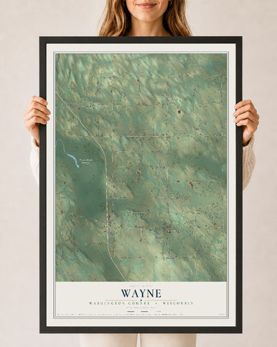 Map of Wayne, Washington County, Wisconsin, 24 x 36 inch print in a black wood frame