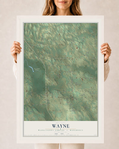 Map of Wayne, Washington County, Wisconsin, 24 x 36 inch print in a white wood frame