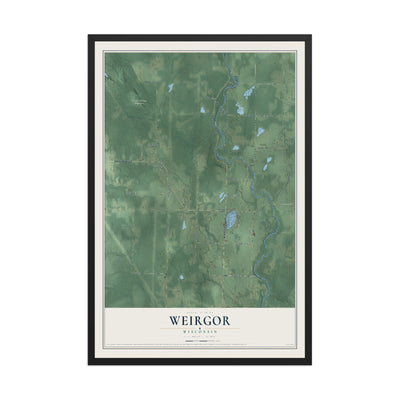 Map of Weirgor, Wisconsin, 12 x 18 inch print in a black wood frame