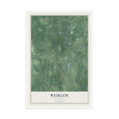 Map of Weirgor, Wisconsin, 12 x 18 inch print in a white wood frame