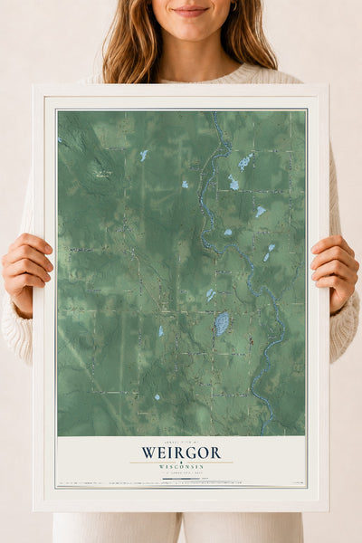 Map of Weirgor, Wisconsin, 18 x 24 inch print in a white wood frame
