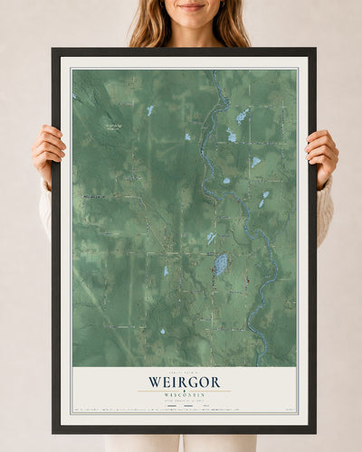 Map of Weirgor, Wisconsin, 24 x 36 inch print in a black wood frame