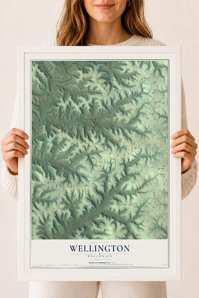 Map of Wellington, Wisconsin, 18 x 24 inch print in a white wood frame