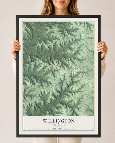 Map of Wellington, Wisconsin, 24 x 36 inch print in a black wood frame