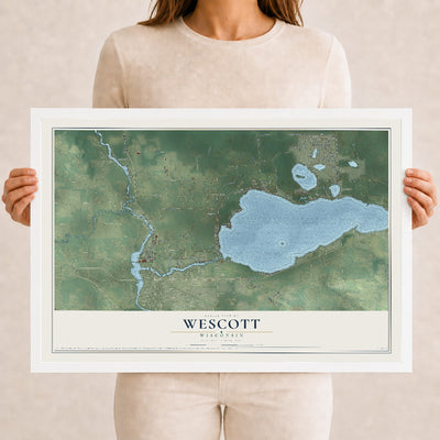 Map of Wescott, Wisconsin, 12 x 18 inch print in a white wood frame