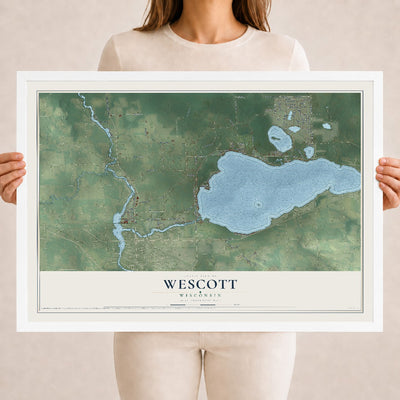 Map of Wescott, Wisconsin, 18 x 24 inch print in a white wood frame