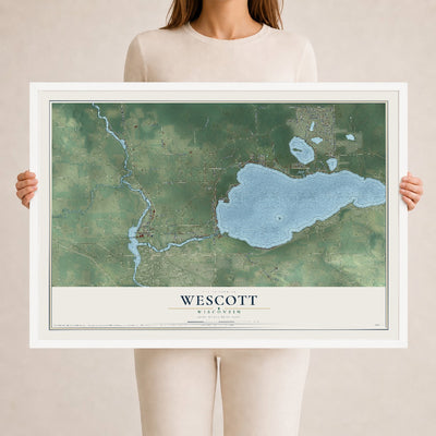 Map of Wescott, Wisconsin, 24 x 36 inch print in a white wood frame