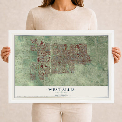 Map of West Allis, Wisconsin, 12 x 18 inch print in a white wood frame