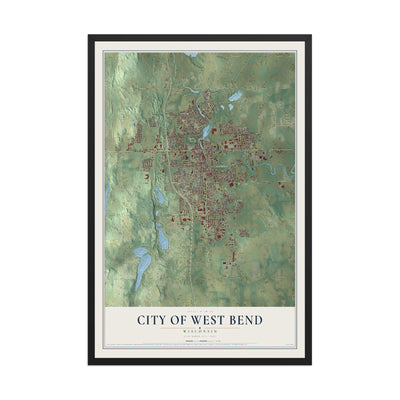 Map of West Bend, Wisconsin, 12 x 18 inch print in a black wood frame