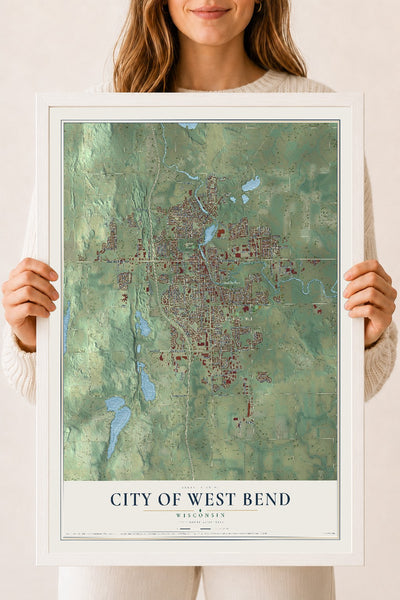 Map of West Bend, Wisconsin, 18 x 24 inch print in a white wood frame