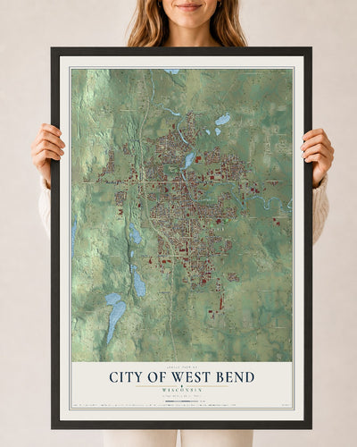 Map of West Bend, Wisconsin, 24 x 36 inch print in a black wood frame