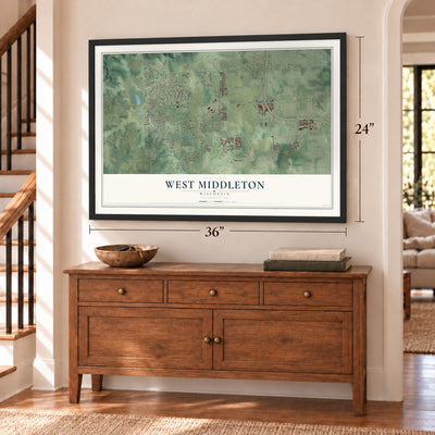 West Middleton, Wisconsin map, 24 x 36 inch print in a black frame above a dresser by a staircase