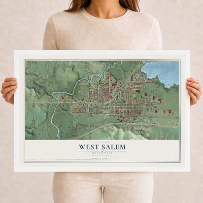 Map of West Salem, Wisconsin, 12 x 18 inch print in a white wood frame