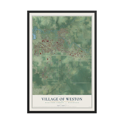 Map of Weston, Wisconsin, 12 x 18 inch print in a black wood frame