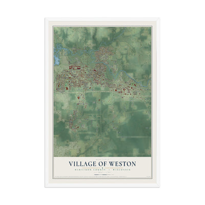 Map of Weston, Wisconsin, 12 x 18 inch print in a white wood frame