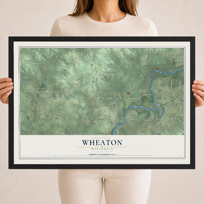 Map of Wheaton, Wisconsin, 18 x 24 inch print in a black wood frame