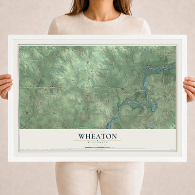 Map of Wheaton, Wisconsin, 18 x 24 inch print in a white wood frame