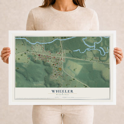 Map of Wheeler, Wisconsin, 12 x 18 inch print in a white wood frame