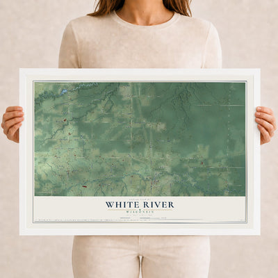Map of White River, Wisconsin, 12 x 18 inch print in a white wood frame