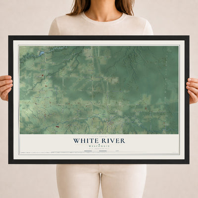 Map of White River, Wisconsin, 18 x 24 inch print in a black wood frame