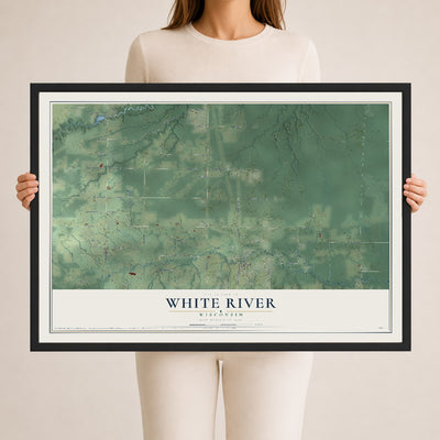 Map of White River, Wisconsin, 24 x 36 inch print in a black wood frame