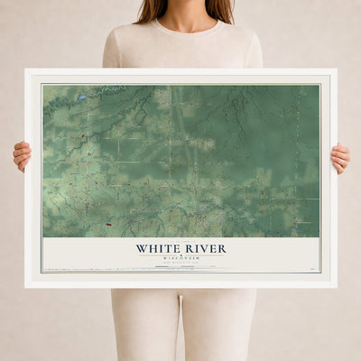Map of White River, Wisconsin, 24 x 36 inch print in a white wood frame