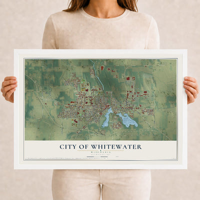 Map of Whitewater, Wisconsin, 12 x 18 inch print in a white wood frame