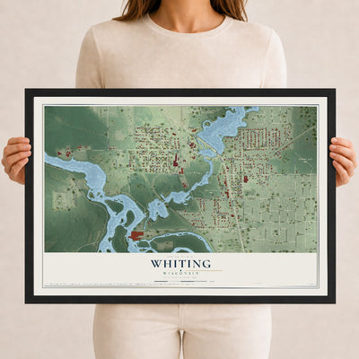 Map of Whiting, Wisconsin, 12 x 18 inch print in a black wood frame