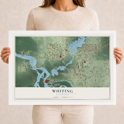 Map of Whiting, Wisconsin, 12 x 18 inch print in a white wood frame